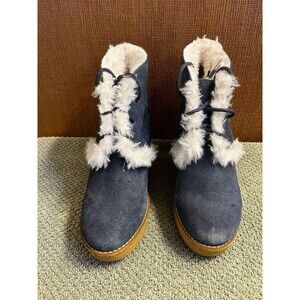 GAP GWEN SHEARLING BLUE SUEDE FAUX FUR LINED PLATFORM WEDGE ANKLE BOOTS SZ 9